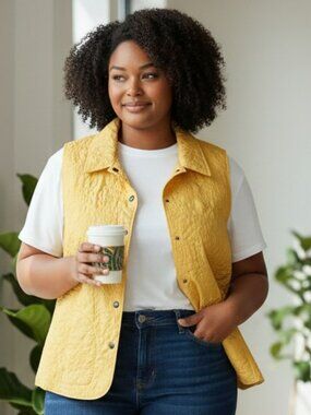 Graff UM Company Womens Size XL Yellow Snap Front Floral Quilted Collared Vest